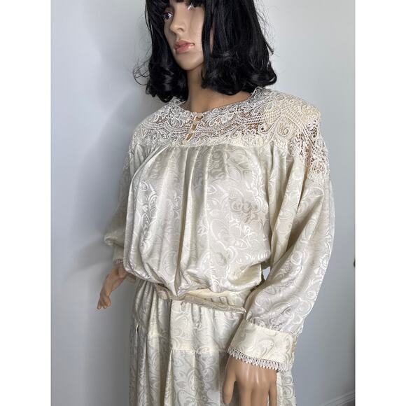 Vintage E.D. Michaels Cream Jacquard Prairie Dress Crochet Lace 80s USA medium - Picture 7 of 13